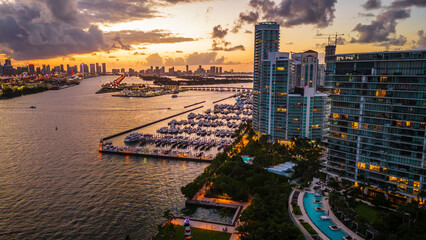 Miami south beach Florida during epic sunset aerial view of miami downtown skyline and port 