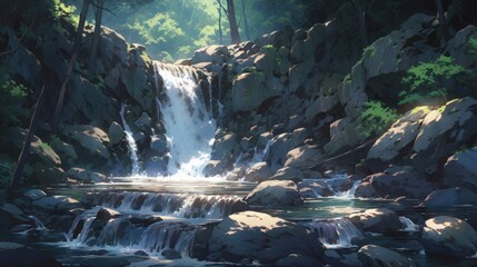A picturesque waterfall hidden in a deep gorge, surrounded by lush greenery manga cartoon style - obrazy, fototapety, plakaty