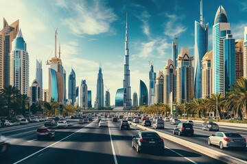 Dubai downtown, amazing city center skyline with luxury skyscrapers, United Arab Emirates - obrazy, fototapety, plakaty