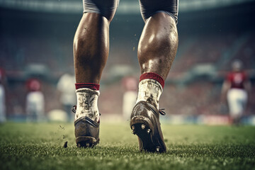Close up picture of soccer cleats on muddy green field generative AI concept