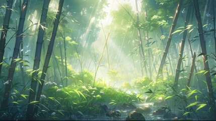 A serene bamboo forest with rays of sunlight filtering through the tall bamboo stalks manga cartoon style - obrazy, fototapety, plakaty