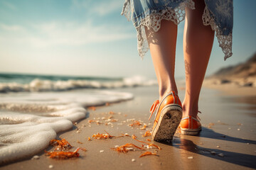 Close up generative AI photo of young girl in orange color sneakers walking along the seaside on a...