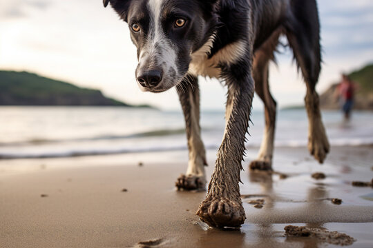 Generative AI picture of a funny happy dog running along the sea beach