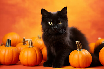 Black cat with Halloween witch carved pumpkin isolated over orange theme background
