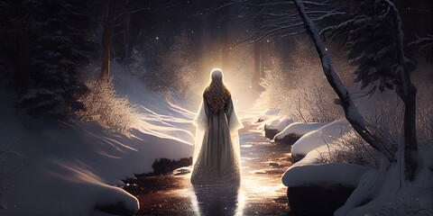 A beautiful young woman dressed as a princess stands in a winter unfrozen snow-covered forest stream and looks at the magical light at dusk, view from the back. Generative AI