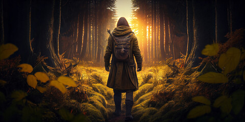 A medieval hunter goes into the distance along a path in a dense forest and at sunrise. Generative AI