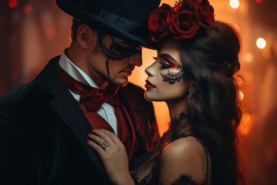 Abstract creative collage generated by ai of dark couple celebrate wedding on halloween night