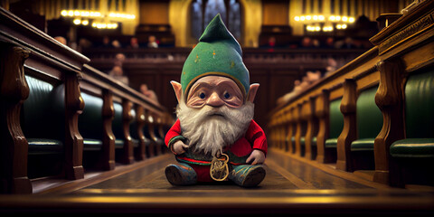 A fairytale gnome sits on the floor between rows of wooden chairs in an old church, court or parliament. Generative AI