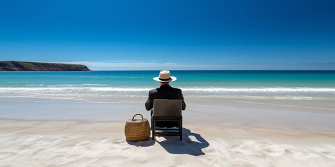 Distant work. A man in an office suit and sitting at a table with a laptop, right on the beach of a tropical island, view from the back. Generative AI