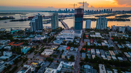 aerial drone Miami south beach skyline at sunset 