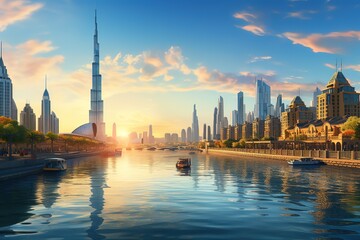 Fototapeta na wymiar Dubai picture style, art. Cityscape: A panoramic view of Dubai's skyline, captured from a distance.