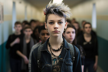 Photography of non binary teen person in school hallway with kids in the background generated by AI