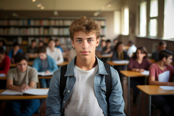 Fototapeta premium Photography of confident intelligent student with brown hair in classroom educational environment background generated by AI