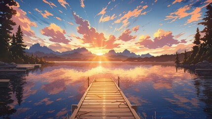 A tranquil lakeside scene with a wooden dock, reflecting a breathtaking sunset manga cartoon style