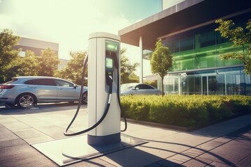 Modern electric car loading station, electric vehicle chargers for charging, EV charging point, electric car charger. Generative AI