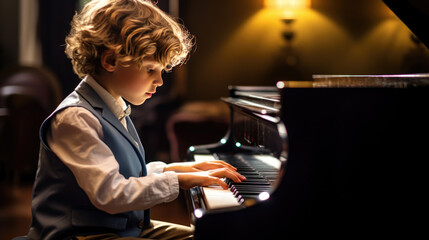 Little boy playing the piano - obrazy, fototapety, plakaty