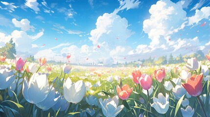 A vibrant field of tulips in full bloom, with a clear blue sky above manga cartoon style - obrazy, fototapety, plakaty