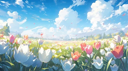 Zelfklevend Fotobehang A vibrant field of tulips in full bloom, with a clear blue sky above manga cartoon style © Tina