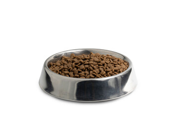 Cat food in bowl isolate on white background with clipping path. Front view of Pellet food for pets.