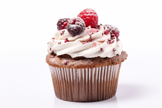 Cupcake with frosting and raspberry fruit on white background