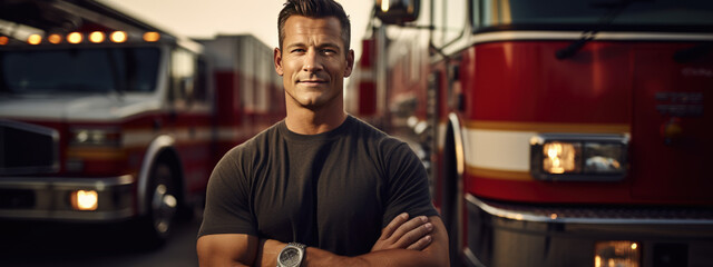 Firefighter portrait on duty. Photo of fireman near fire engine