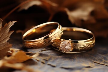 wedding rings on black stone and autumn leaves background. 