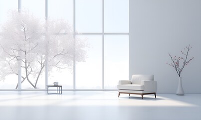 The interior of the house is all white, elegant, minimalist, modern, ai generative