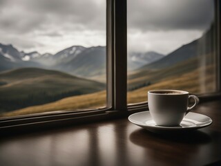 a cup of coffee is sitting on a window sill, mountains in fog background, connectedness, tundra, warm and joyful atmosphere, looking away from viewer, black interface, travellers, cup of coffee