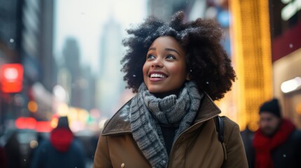 beautiful black woman in big city at christmas, snowing in city, female with afro hair, bokeh background, generative ai