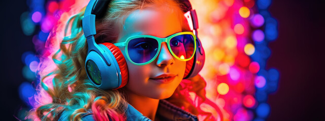 Little girl in neon lights wearing headphones and listening to her favorite music.