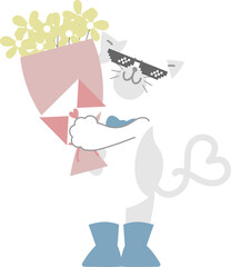 happy valentine's day with cat wearing sunglasses holding flower and love letter, love concept, flat png transparent element character design