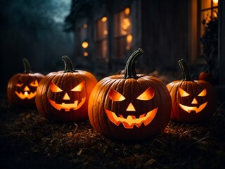 Halloween pumpkins with glowing faces in front of a lighted old house