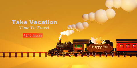 3d template design - Train and leafs, autumn holiday, Time to travel web concept. 