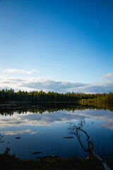 a beautiful lake landscape with blue sky and clouds