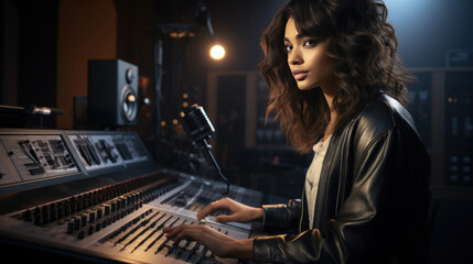 Portrait of Female Audio Engineer Working in Music Recording Studio, Uses Mixing Board Create Modern Sound.
