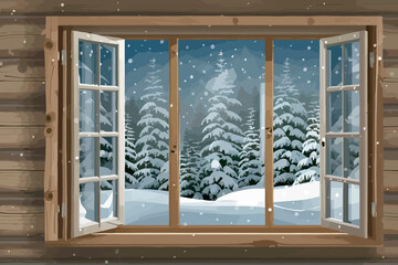 a modern log cabin window shot from inside illustration