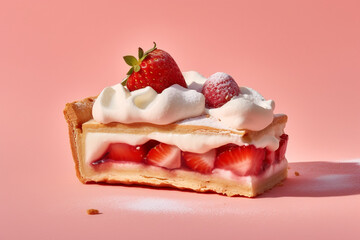Slice of strawberry cake with cream on pink background