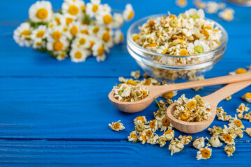 Dry chamomile flowers on a wooden table. Soothing chamomile tea. Herbal drink. flat layout. Space for text.Copy space.Medical prevention and immune concept. Folk alternative medicine.