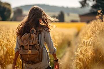 Dziewczyna z plecakiem spaceruje po wiejskiej drodze.  - obrazy, fototapety, plakaty