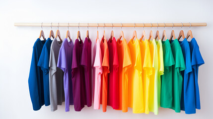 Colorful t-shirts hang in front of white wall in studio.