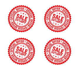 Red grunge stamp set. Special offer sale 25, 35, 45, 55 percent off