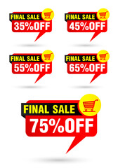 Red speech bubble set. Final sale 35%, 45%, 55%, 65%, 75% off discount