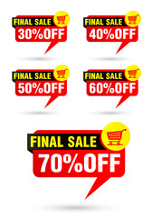 Red speech bubble set. Final sale 30%, 40%, 50%, 60%, 70% off discount