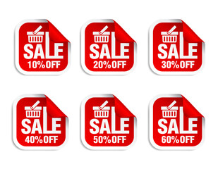 Red stickers set. Sale 10%, 20%, 30%, 40%, 50%, 60% off discount