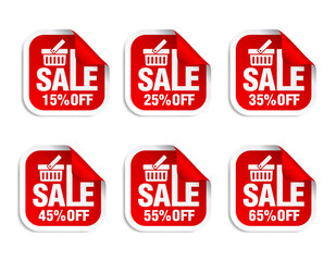 Red stickers set. Sale 15%, 25%, 35%, 45%, 55%, 65% off discount