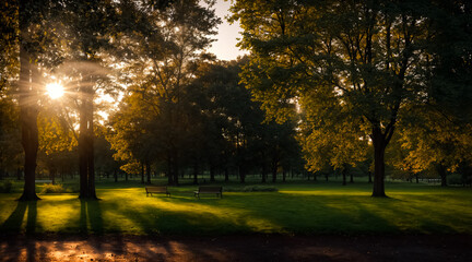 Naklejka premium Evening park without people. 2 benches in the park at sunset. Generative AI