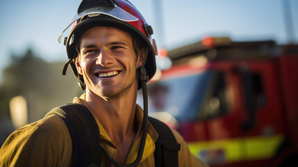 Firefighter portrait on duty. Photo of happy fireman near fire engine