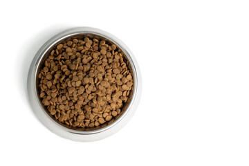 Top view of the Cat food in bowl isolate on white background with clipping path. Pet pellet food in stainless steel bowl with copy space.