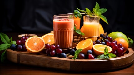 a fruit drink with fruits and berries in a wooden tray