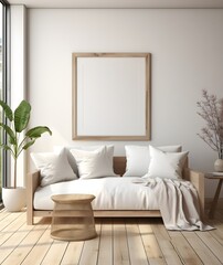Frame mockup in minimalist decorated interior background, 3d render